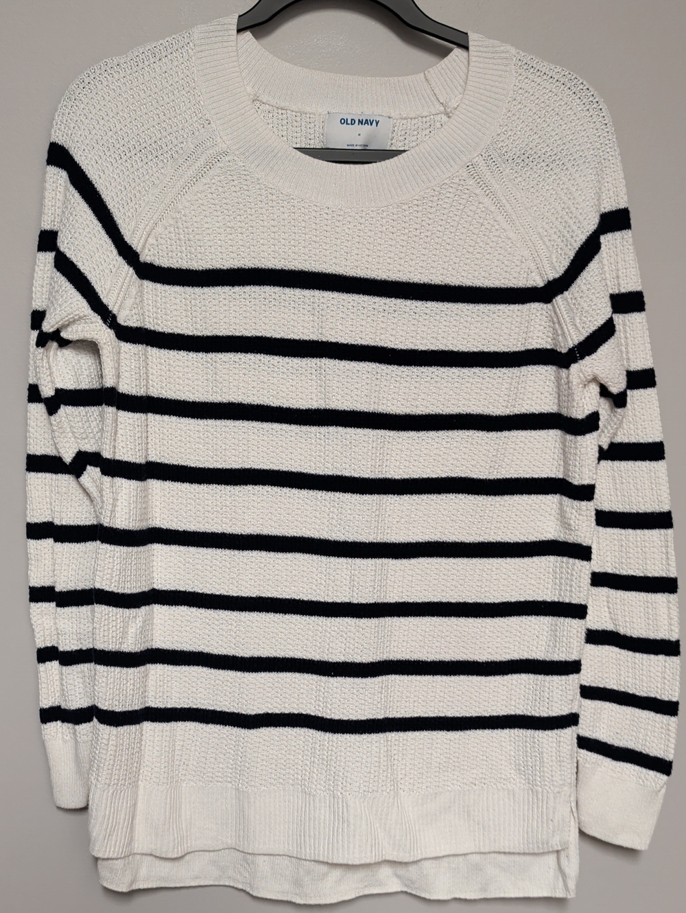 Old Navy White and Black Striped Women's Crewneck Sweater
